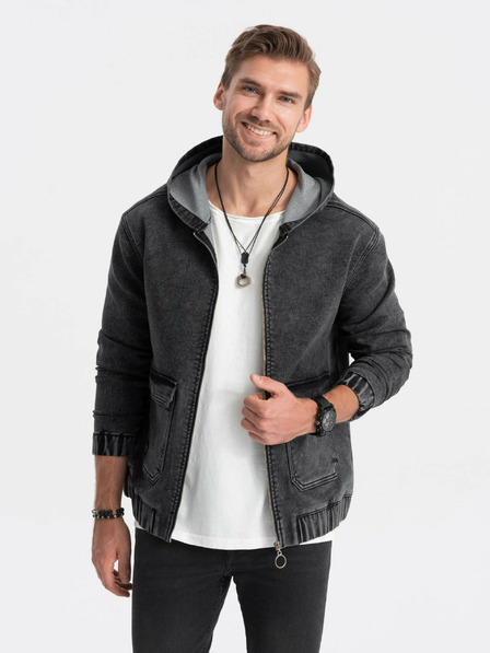 Ombre Clothing Čierna pánska džínsová bunda s kapucňou Ombre Clothing
