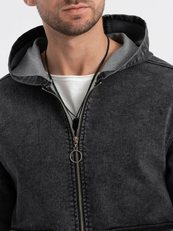 Ombre Clothing Čierna pánska džínsová bunda s kapucňou Ombre Clothing