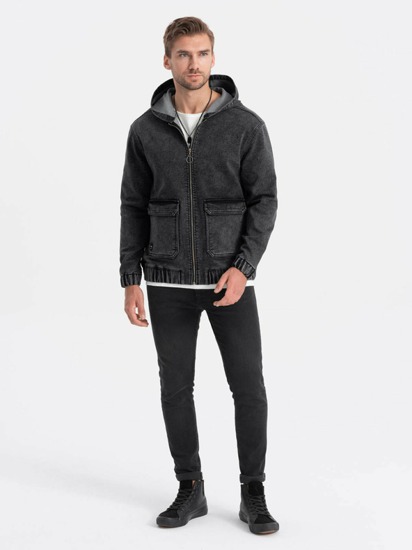 Ombre Clothing Čierna pánska džínsová bunda s kapucňou Ombre Clothing