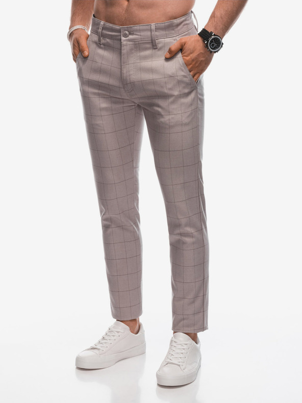 Edoti Béžové pánske kockované chino nohavice Edoti