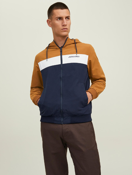 Jack & Jones Hnedomodrá pánska ľahká bunda Jack & Jones Rush s kapucňou