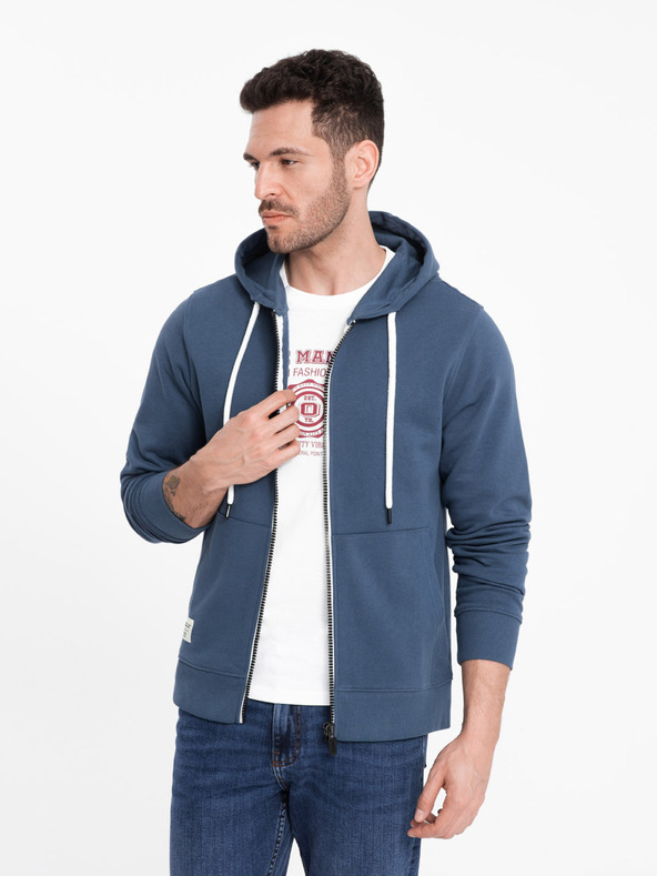 Ombre Clothing Modrá pánska základná mikina na zips s kapucňou Ombre Clothing