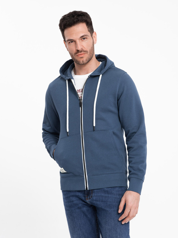 Ombre Clothing Modrá pánska základná mikina na zips s kapucňou Ombre Clothing