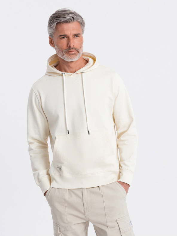 Ombre Clothing Krémová pánska mikina s kapucňou a klokankou Ombre Clothing