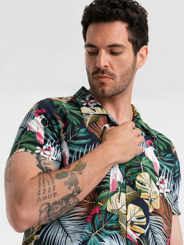 Ombre Clothing Modré pánske vzorované tričko s krátkym rukávom Ombre Oblečenie