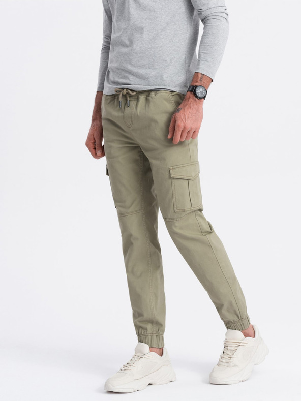 Ombre Clothing Khaki pánske cargo jogger nohavice Ombre Oblečenie