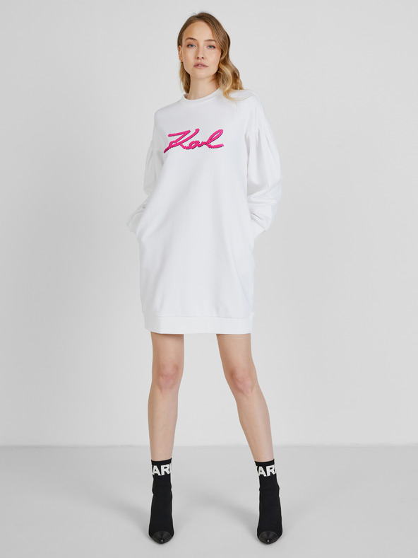 Karl Lagerfeld Biele dámske mikinové šaty s balónovým rukávom KARL LAGERFELD