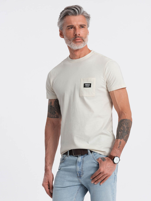 Ombre Clothing Krémové pánske tričko s vreckom Ombre Clothing