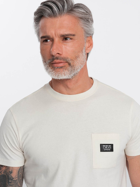 Ombre Clothing Krémové pánske tričko s vreckom Ombre Clothing