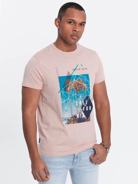 Ombre Clothing Ružové pánske tričko s potlačou California Ombre Oblečenie