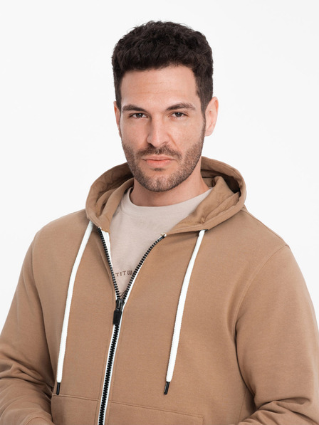 Ombre Clothing Hnedá pánska základná mikina na zips s kapucňou Ombre Clothing