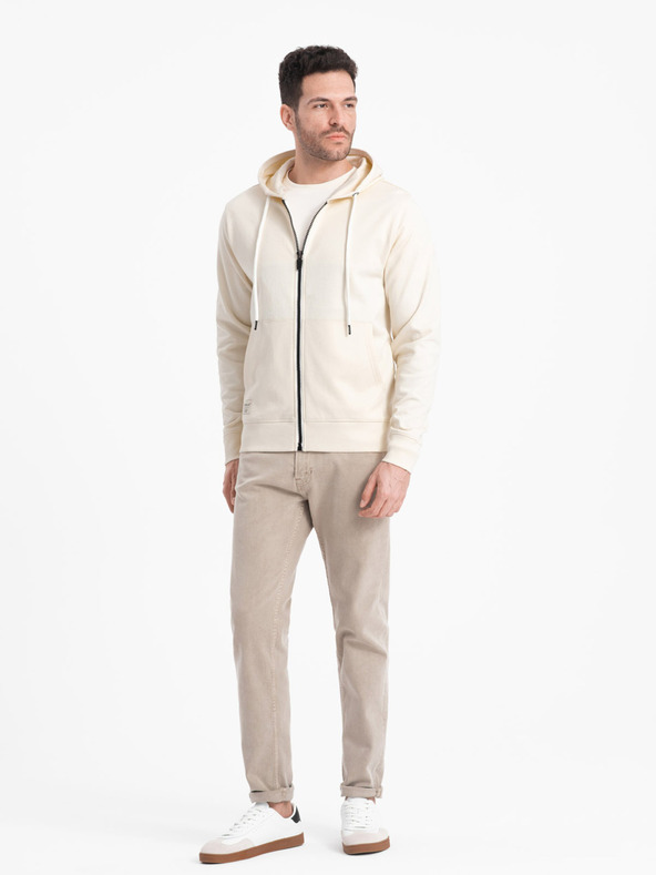 Ombre Clothing Krémová pánska základná mikina na zips s kapucňou Ombre Oblečenie