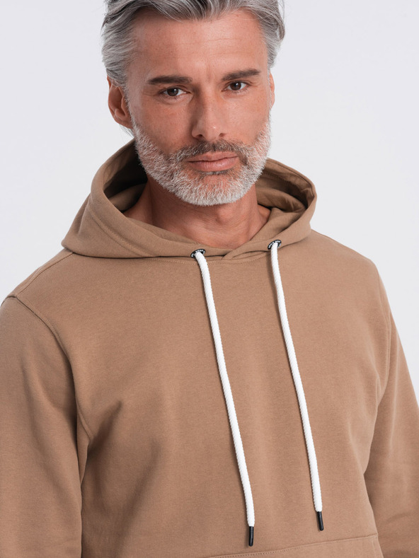 Ombre Clothing Hnedá pánska mikina s klokaním golierom a kapucňou Ombre Oblečenie