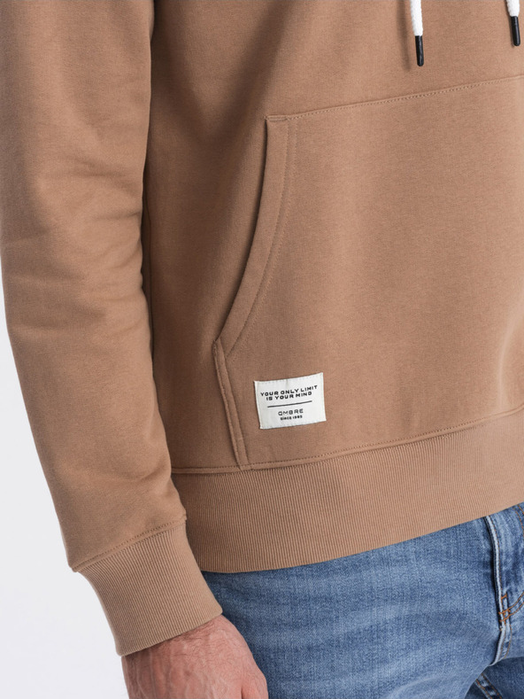 Ombre Clothing Hnedá pánska mikina s klokaním golierom a kapucňou Ombre Oblečenie