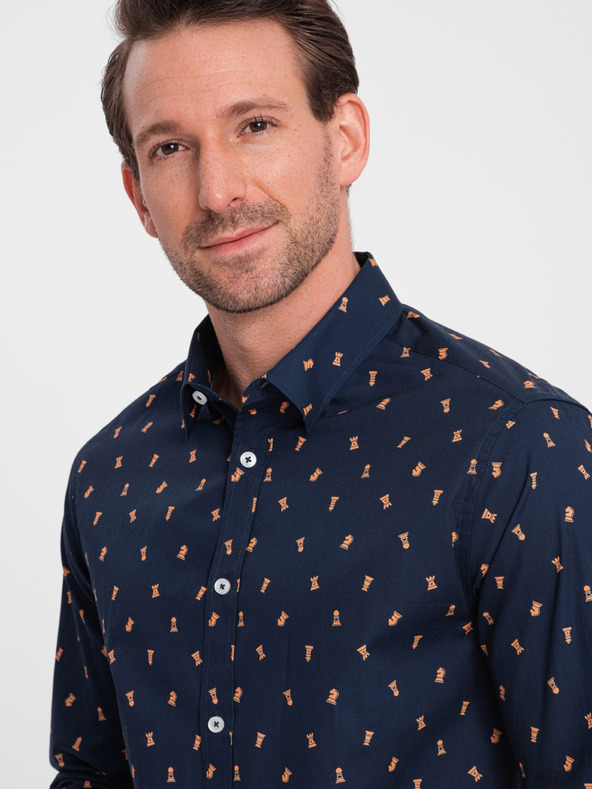 Ombre Clothing Modrá pánska vzorovaná slim fit košeľa Ombre Clothing