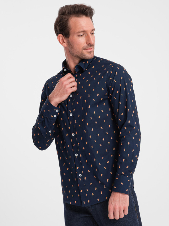 Ombre Clothing Modrá pánska vzorovaná slim fit košeľa Ombre Clothing