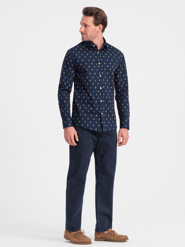 Ombre Clothing Modrá pánska vzorovaná slim fit košeľa Ombre Clothing