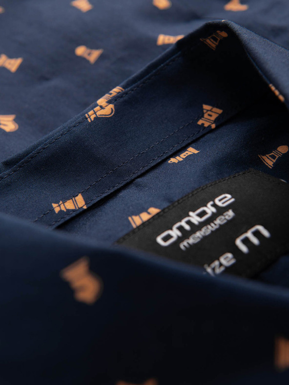 Ombre Clothing Modrá pánska vzorovaná slim fit košeľa Ombre Clothing