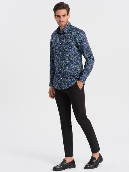 Ombre Clothing Modrá pánska vzorovaná slim fit košeľa Ombre Clothing