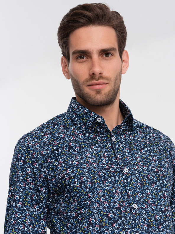 Ombre Clothing Modrá pánska vzorovaná slim fit košeľa Ombre Clothing