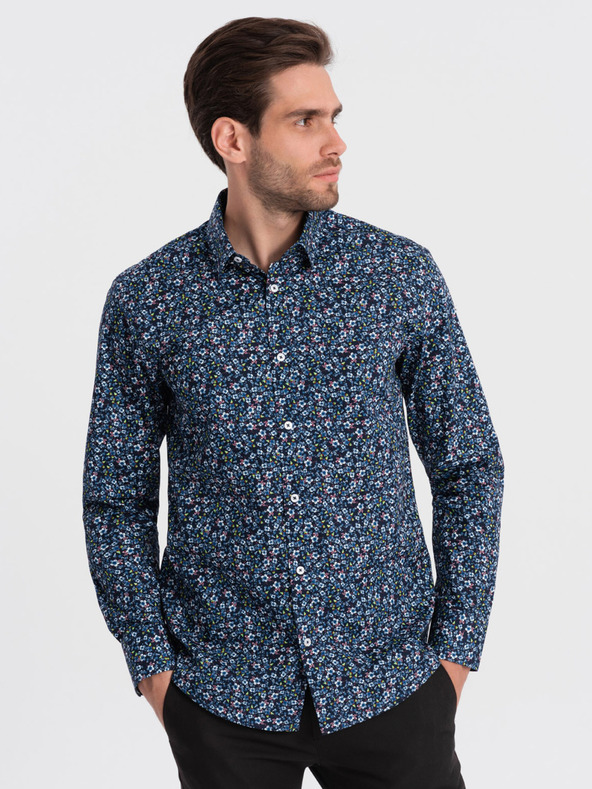 Ombre Clothing Modrá pánska vzorovaná slim fit košeľa Ombre Clothing