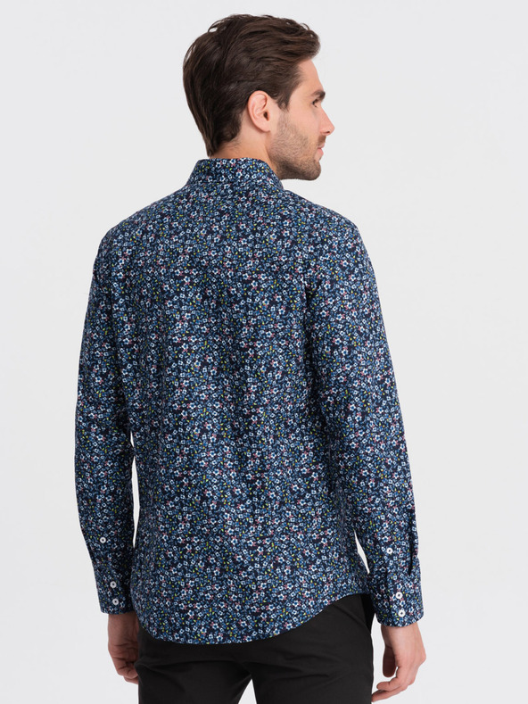 Ombre Clothing Modrá pánska vzorovaná slim fit košeľa Ombre Clothing