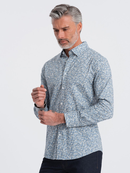 Ombre Clothing Modrá pánska vzorovaná slim fit košeľa Ombre Clothing