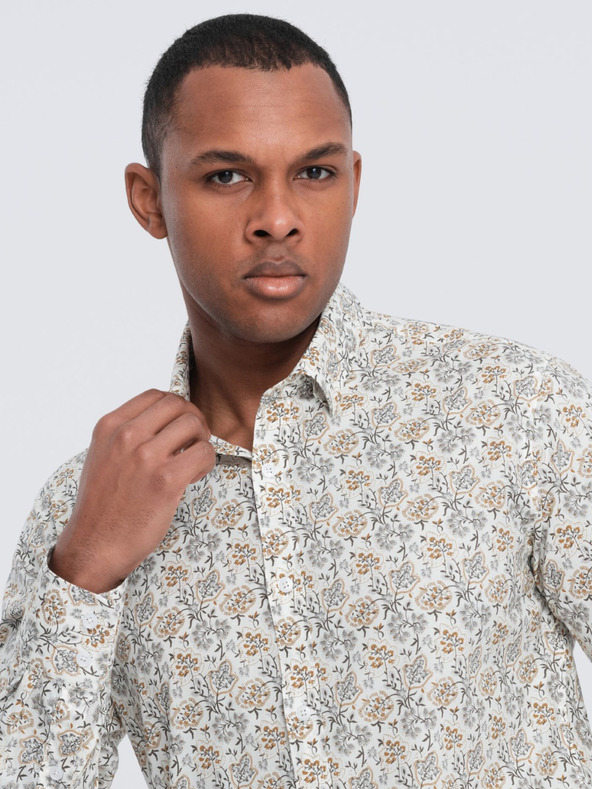 Ombre Clothing Béžová pánska vzorovaná slim fit košeľa Ombre Clothing