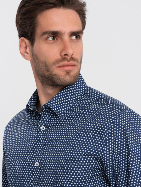 Ombre Clothing Modrá pánska vzorovaná slim fit košeľa Ombre Clothing
