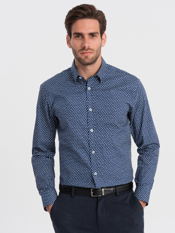 Ombre Clothing Modrá pánska vzorovaná slim fit košeľa Ombre Clothing