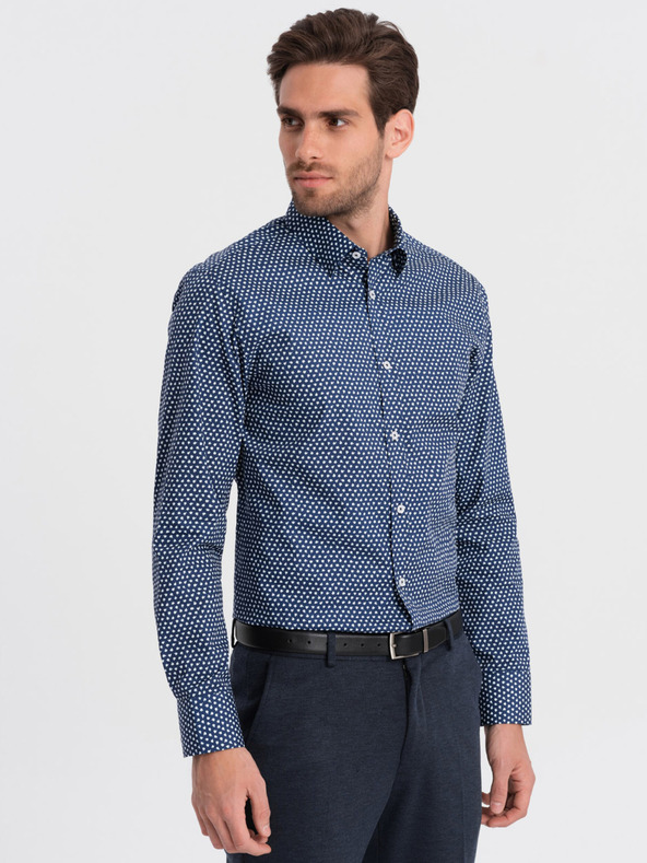 Ombre Clothing Modrá pánska vzorovaná slim fit košeľa Ombre Clothing