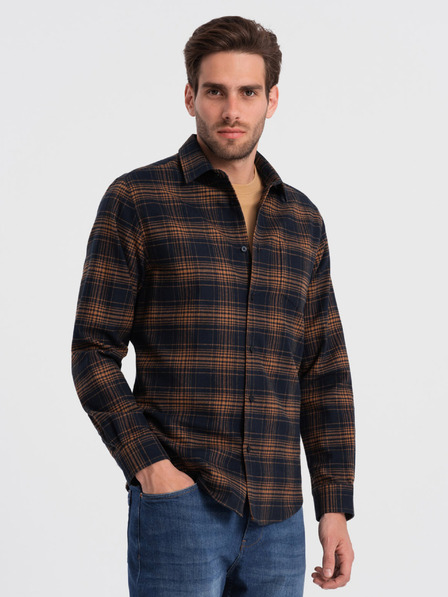 Ombre Clothing Tmavomodrá pánska kockovaná flanelová košeľa Ombre Clothing