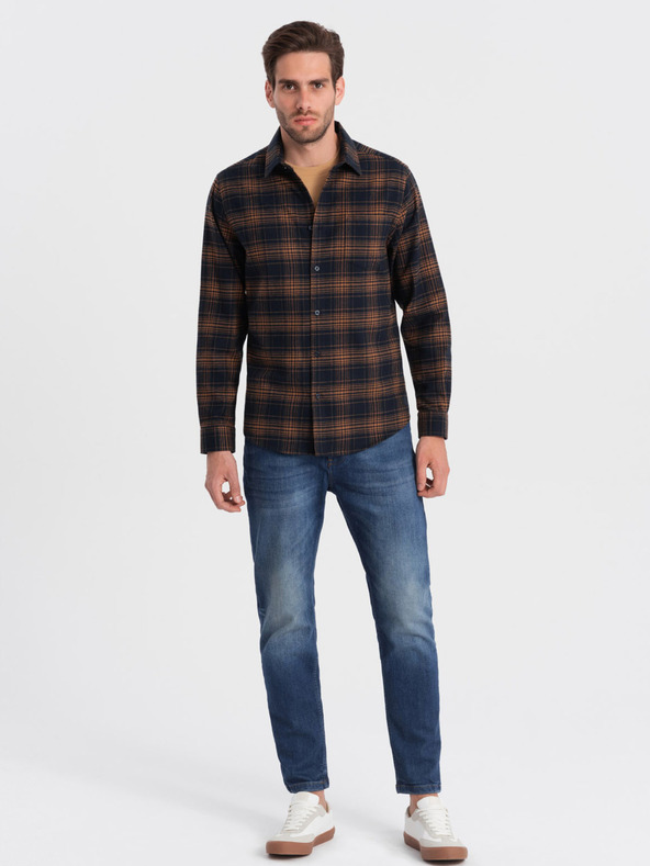 Ombre Clothing Tmavomodrá pánska kockovaná flanelová košeľa Ombre Clothing