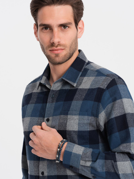 Ombre Clothing Modrá pánska kockovaná flanelová košeľa Ombre Oblečenie