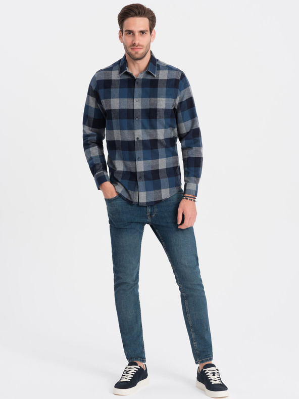 Ombre Clothing Modrá pánska kockovaná flanelová košeľa Ombre Oblečenie