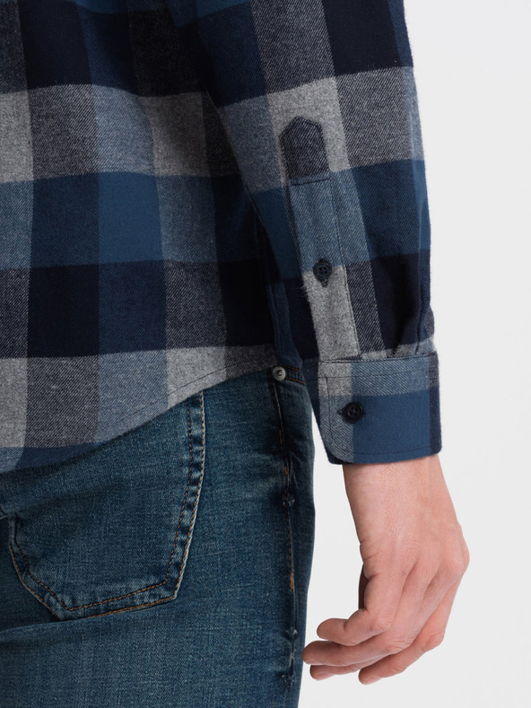 Ombre Clothing Modrá pánska kockovaná flanelová košeľa Ombre Oblečenie