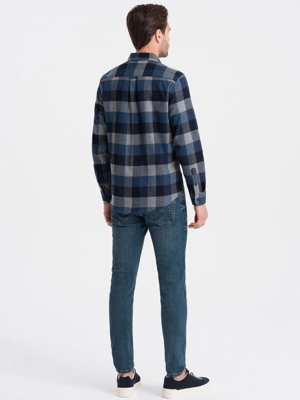 Ombre Clothing Modrá pánska kockovaná flanelová košeľa Ombre Oblečenie