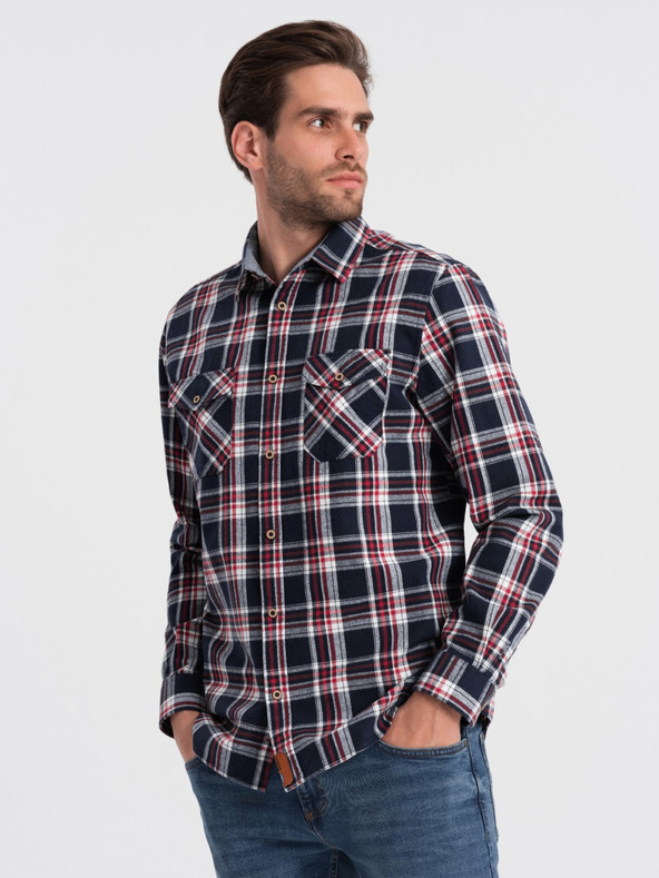 Ombre Clothing Modrá pánska flanelová košeľa Ombre Oblečenie