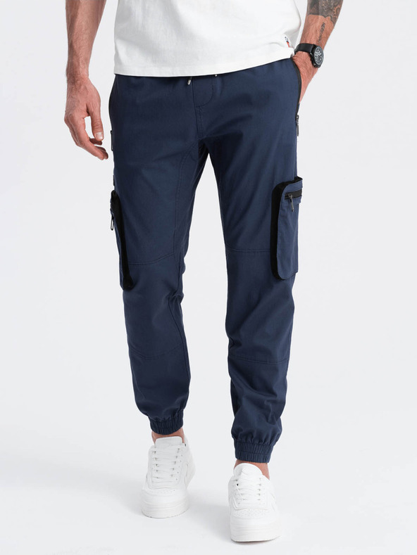 Ombre Clothing Tmavomodré pánske nohavice cargo jogger Ombre Clothing