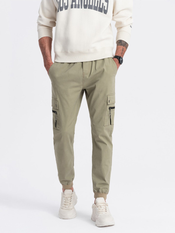 Ombre Clothing Khaki pánske cargo jogger nohavice Ombre Oblečenie