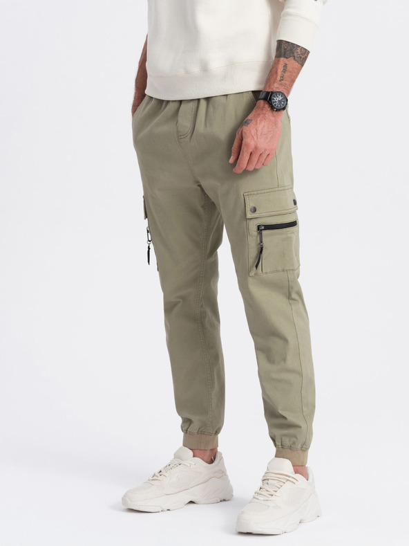 Ombre Clothing Khaki pánske cargo jogger nohavice Ombre Oblečenie