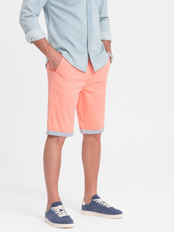 Ombre Clothing Koralové pánske chino šortky s džínsovým lemom Ombre oblečenie