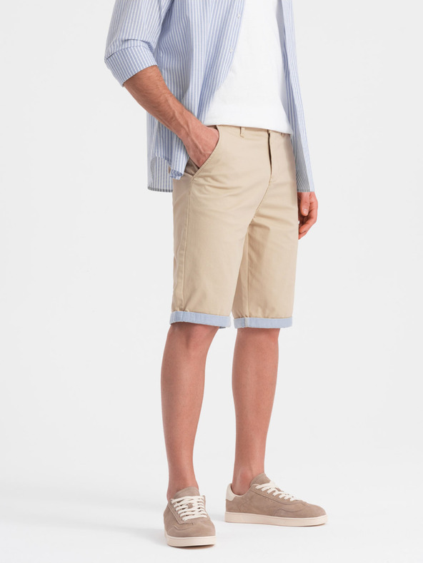 Ombre Clothing Béžové pánske chino šortky s džínsovým lemom Ombre Oblečenie