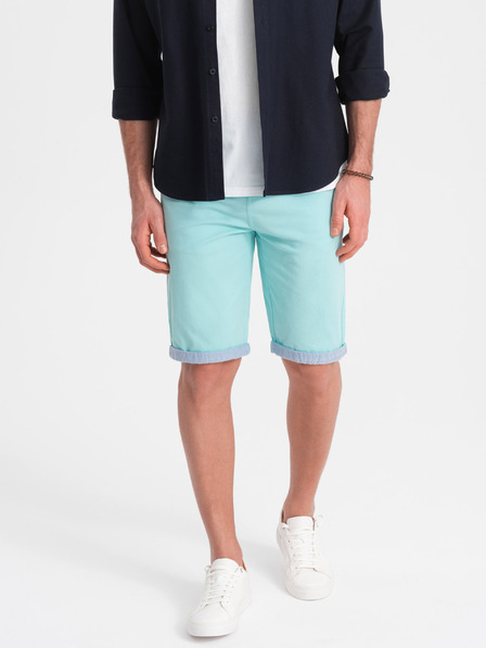 Ombre Clothing Tyrkysové pánske chino šortky s džínsovým lemom Ombre Oblečenie