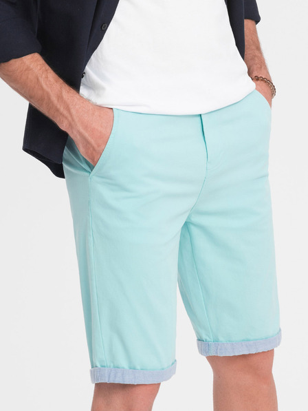 Ombre Clothing Tyrkysové pánske chino šortky s džínsovým lemom Ombre Oblečenie