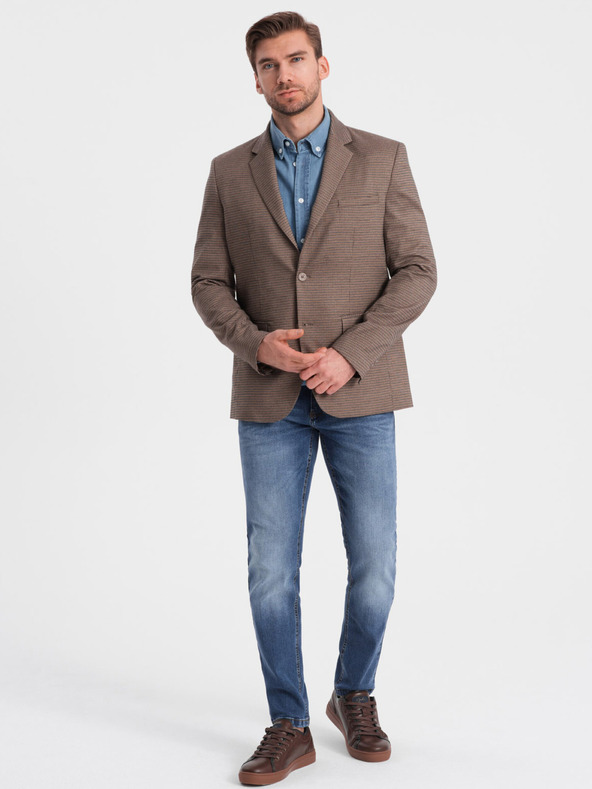 Ombre Clothing Hnedé pánske sako v jemnej kocke Ombre Clothing