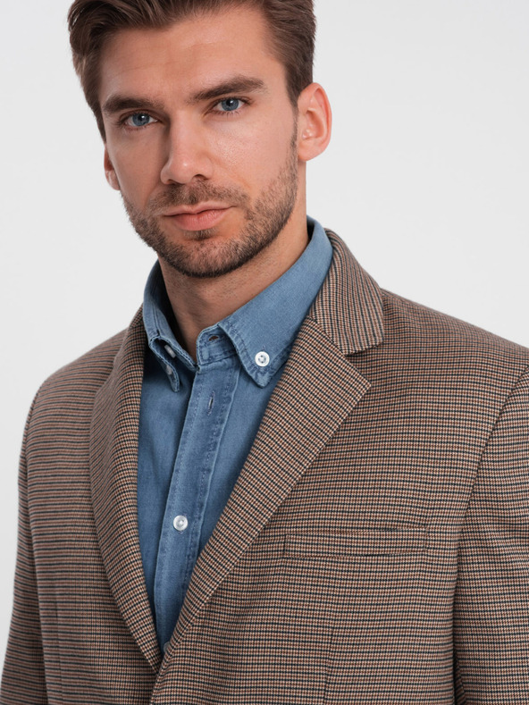 Ombre Clothing Hnedé pánske sako v jemnej kocke Ombre Clothing