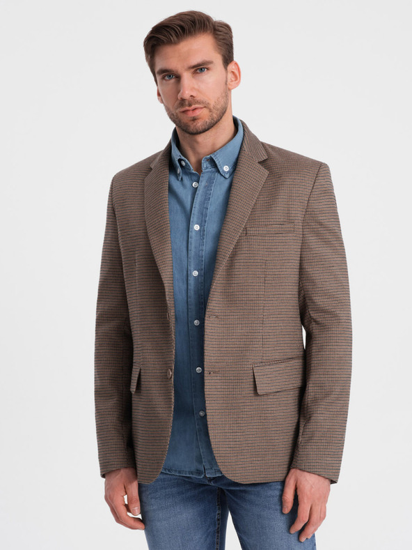 Ombre Clothing Hnedé pánske sako v jemnej kocke Ombre Clothing