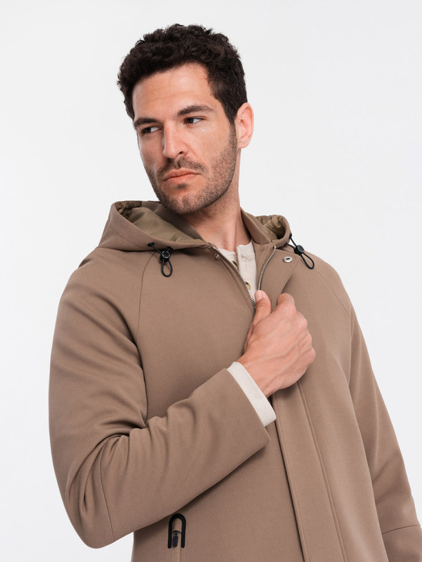 Ombre Clothing Hnedý pánsky kabát s kapucňou Ombre Oblečenie