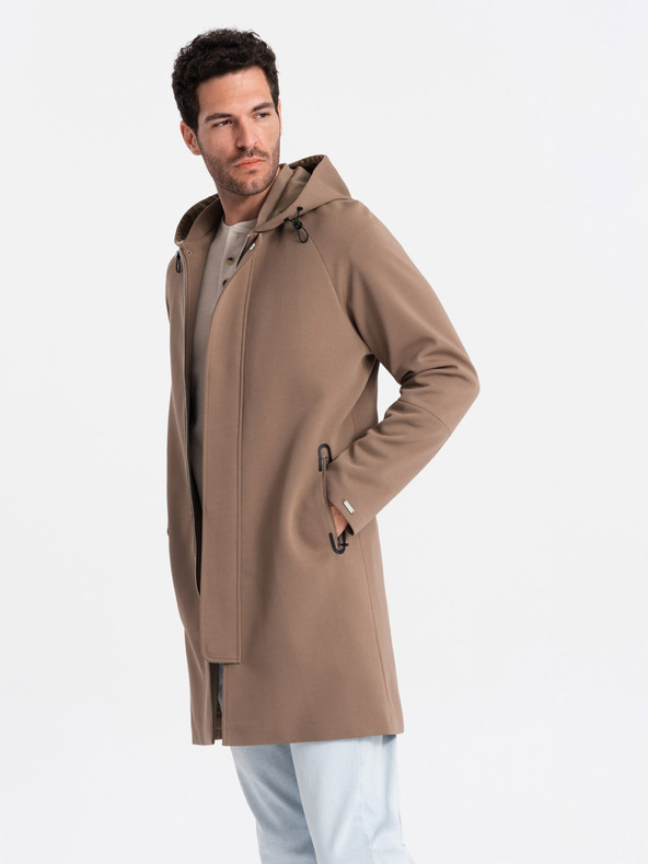 Ombre Clothing Hnedý pánsky kabát s kapucňou Ombre Oblečenie